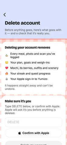 The Delete account screen in the Yumizo app, listing what deleting removes.