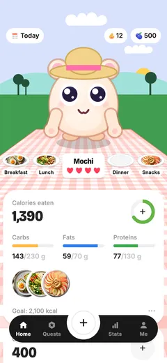 Yumizo’s home screen: the pet in a sun hat at a picnic, a 12-day streak and 1,390 calories logged.
