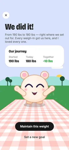 Goal reached: from 190 lbs to 180 lbs, 10 lbs down together, and the pet cheering.