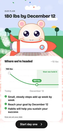Your plan: 180 lbs by December 12, a curve from 190 lbs down to 180 lbs, with the pet on a rocket.