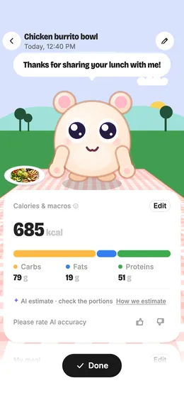 The chicken burrito bowl logged for lunch: 685 calories with 79 g carbs, 19 g fat and 51 g protein, and the pet saying thanks for sharing.